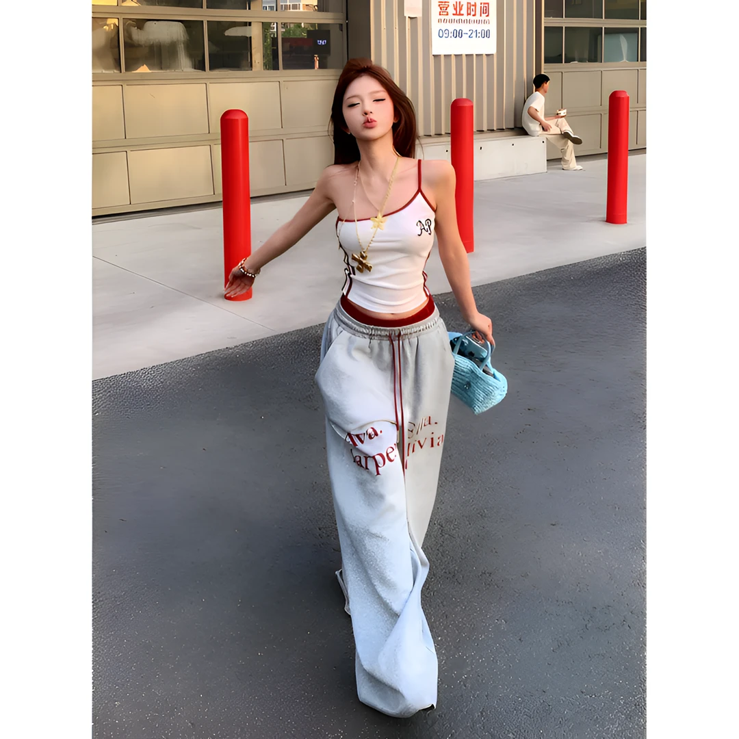 美式辣妹运动风套装女夏季新款刺绣斜肩吊带背心阔腿裤跳舞两件套