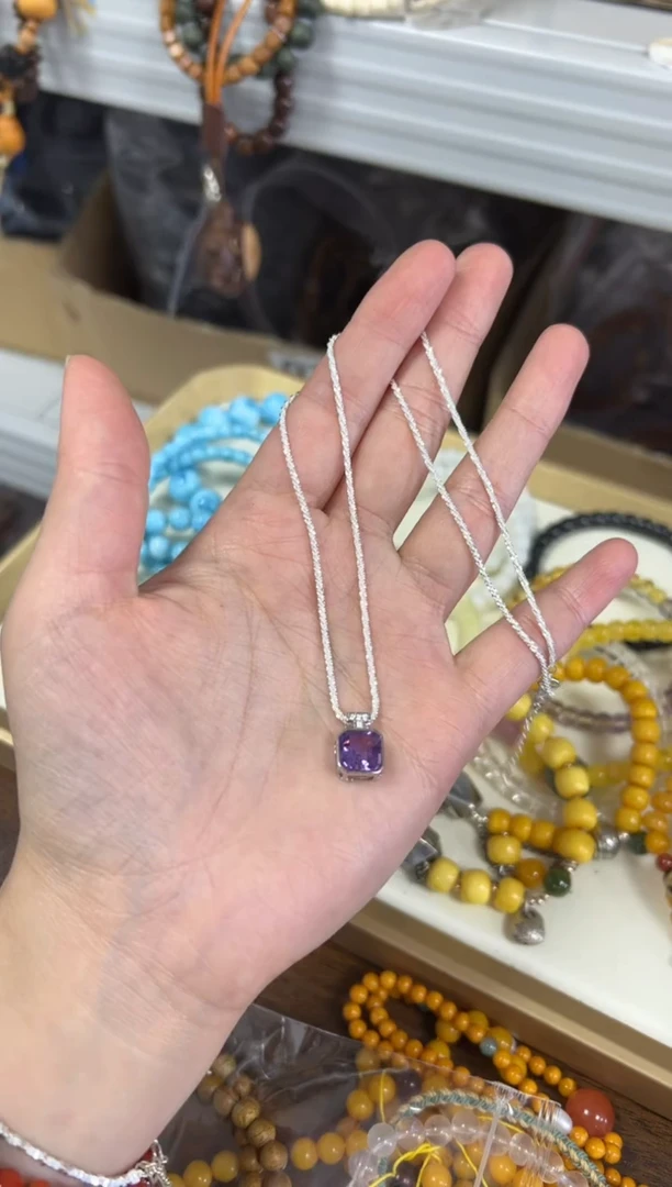 银S925镶嵌颈饰紫晶紫水晶方块银镶嵌款项链[2428]