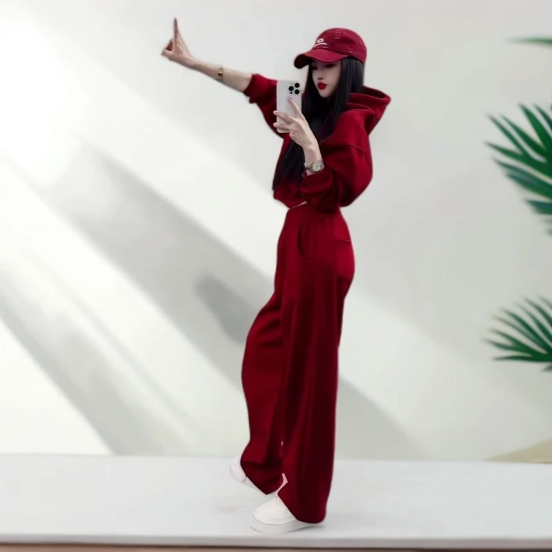 红色运动套装女秋冬新款宽松休闲卫衣阔腿裤时尚两件套春秋季连帽