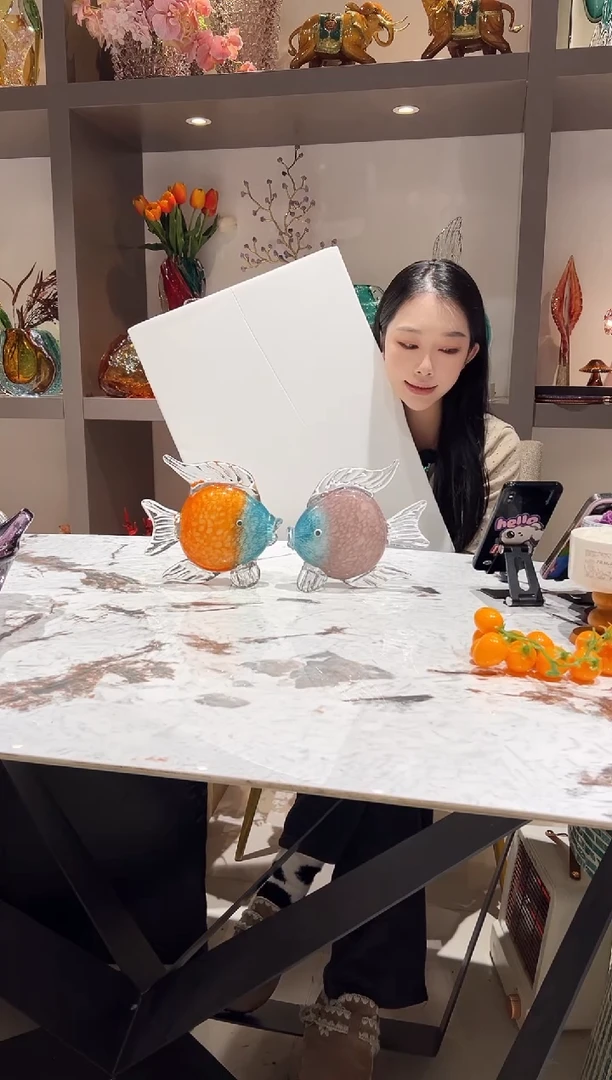 橘色+紫色琉璃鱼摆件一对