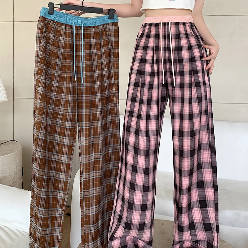 2025春装胖mm大码网红复古格子高腰显瘦抽绳阔腿裤拖地裤19205