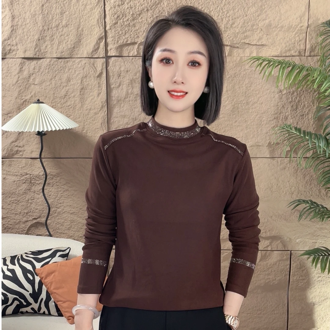 慕斯双面绒简约中领钻钻精品棉打底衫百搭时尚长袖上衣