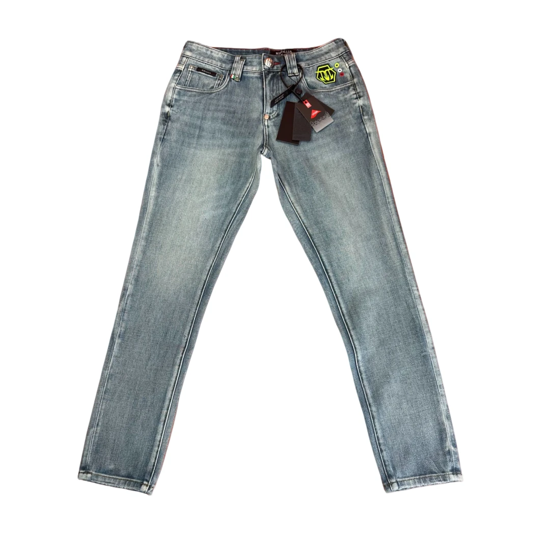MIRIALLIA美式8835复古青灰蓝钢印修身休闲百搭潮流时尚牛仔裤