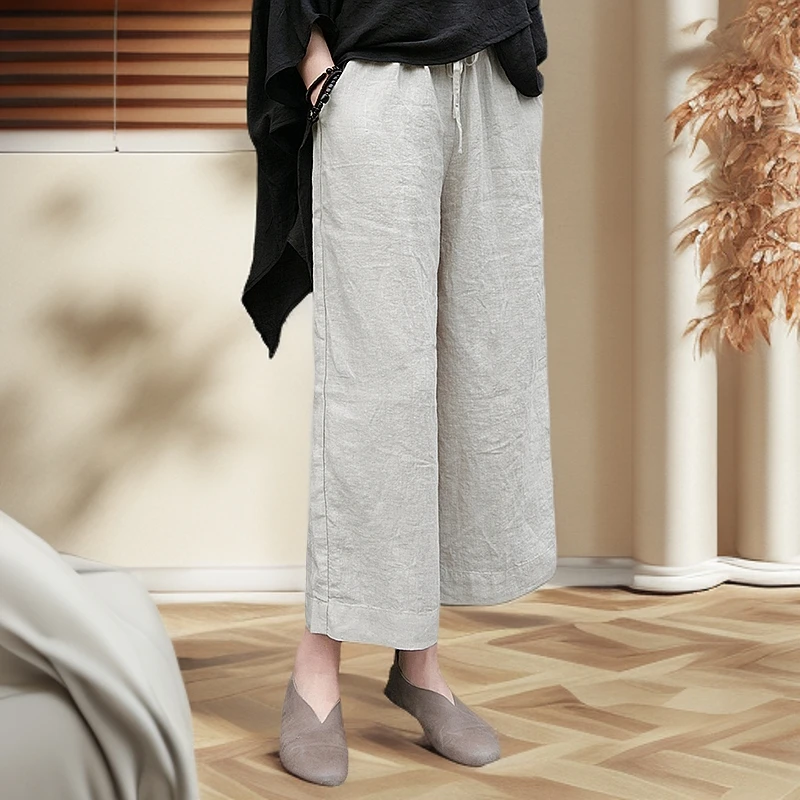 清仓捡漏居士太极裤夏季新款阔腿裤女九分裤宽松棉麻高腰裤妈妈裤