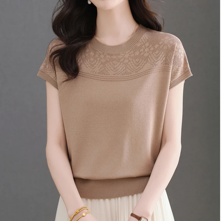 夏季100%天丝女士圆领宽松显瘦套头百搭减龄短款时尚短袖针织衫