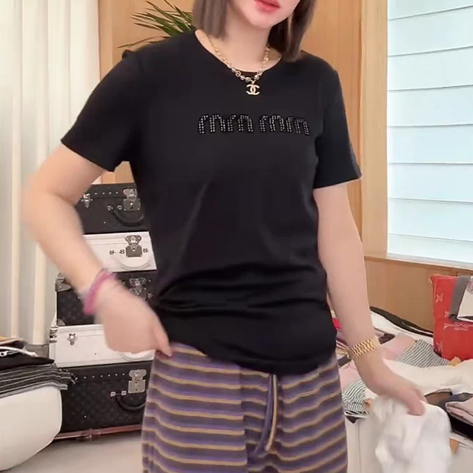 256119 短袖百搭T恤印花潮流通勤常规款刺绣套装