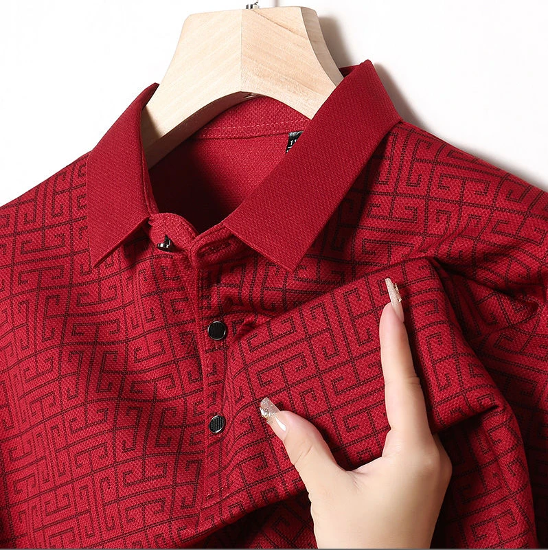 男士夏季新款翻领高档商务休闲T恤长袖薄款提花透气POLO