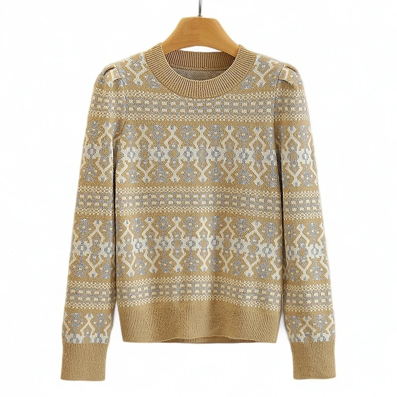 【伍莎-自营】韩版宽松提花圆领套头百搭毛衣#MDD48M040