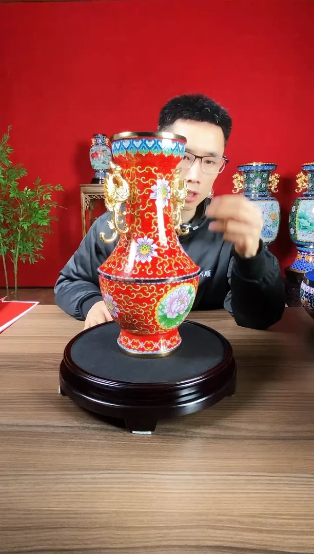 铜景泰蓝国色天香福禄尊花瓶珐琅摆件高约37*18厘米