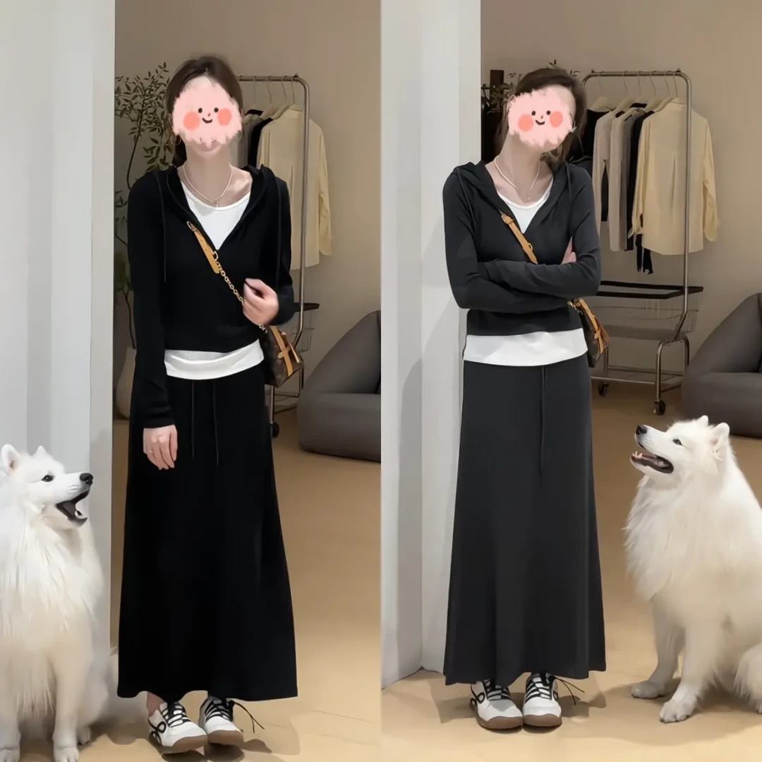 2025软糯亲肤假两件长袖卫衣百搭显瘦半裙时尚显瘦运动两件套装女