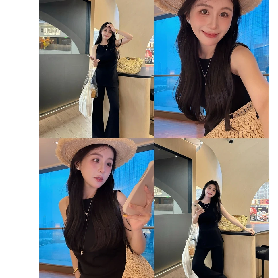 【显瘦纸片人】廓形遮胯黑色吊带短袖上衣微喇腿精长裤套装