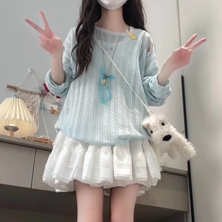 薄款镂空针织空调衫女装夏季大码胖MM慵懒风宽松百搭防晒罩衫上衣