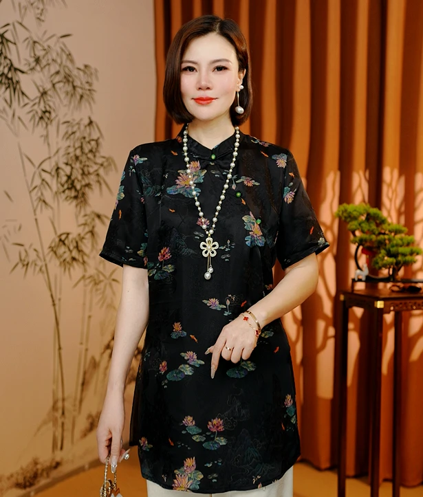 【语汐】2025新款夏季新中式奥黛短袖刻花修身显瘦减龄气质款
