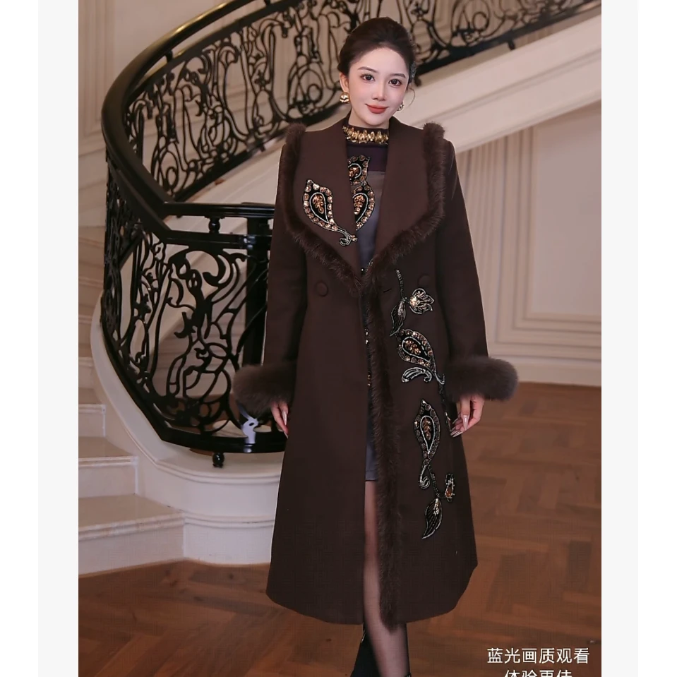 【芙娜妮】2025秋冬翻领保暖毛领不可拆卸时尚女装大衣外套F2531138