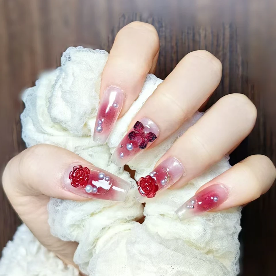 暗夜山茶辣妹酒红山茶花蝴蝶假指甲手工穿戴甲贴片美甲显白