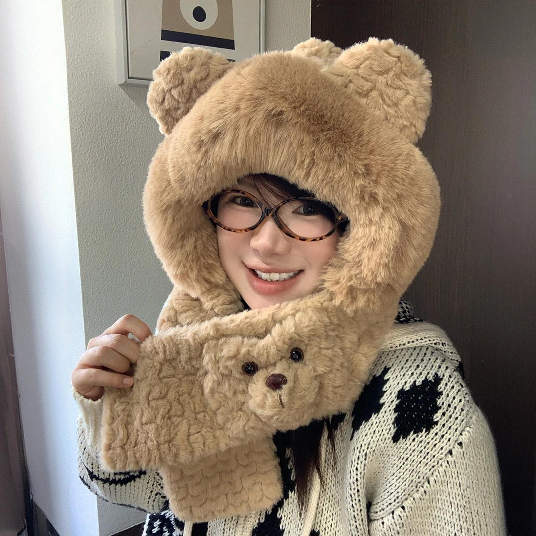 小熊耳朵毛绒帽子围巾一体女冬季骑车防寒保暖护耳围脖百搭雷锋帽