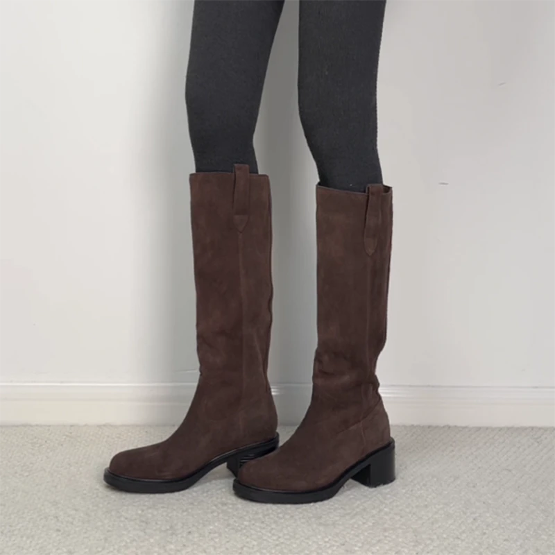 付小兮磨砂牛皮一脚蹬长筒靴女秋冬宽松堆堆靴圆头粗跟百搭西部靴