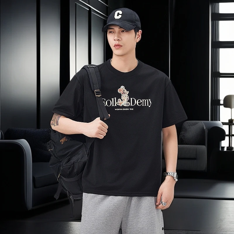 2025高端美式重工艺短袖男圆领宽松T恤休闲夏季半袖潮流印花潮流