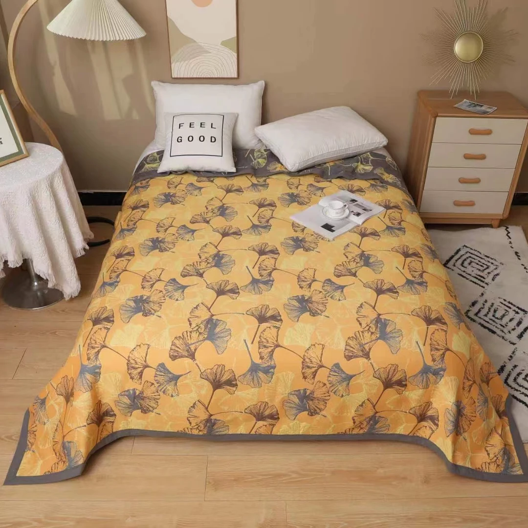 新款亚麻银杏叶纱布盖毯230*250*黄色