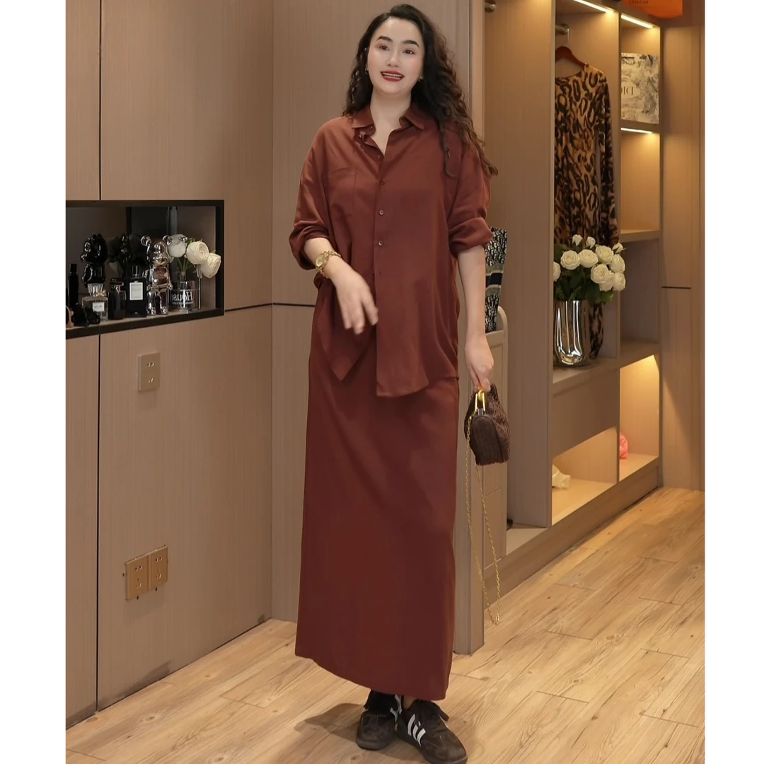 （清货）安拉红衬衣+半身裙亚麻套装两件套