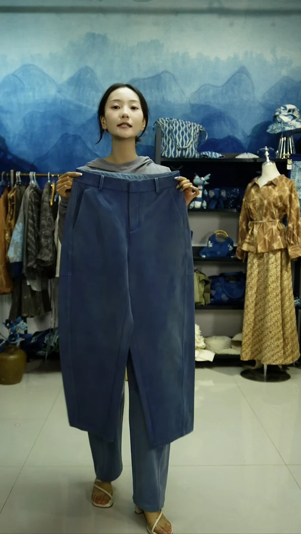 织绣水马桑染色加板蓝根裤子