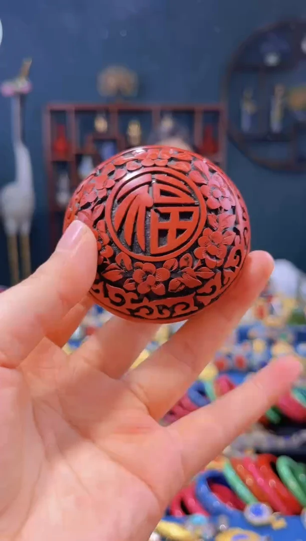 非遗技艺 雕漆剔黑剔红福字粉盒