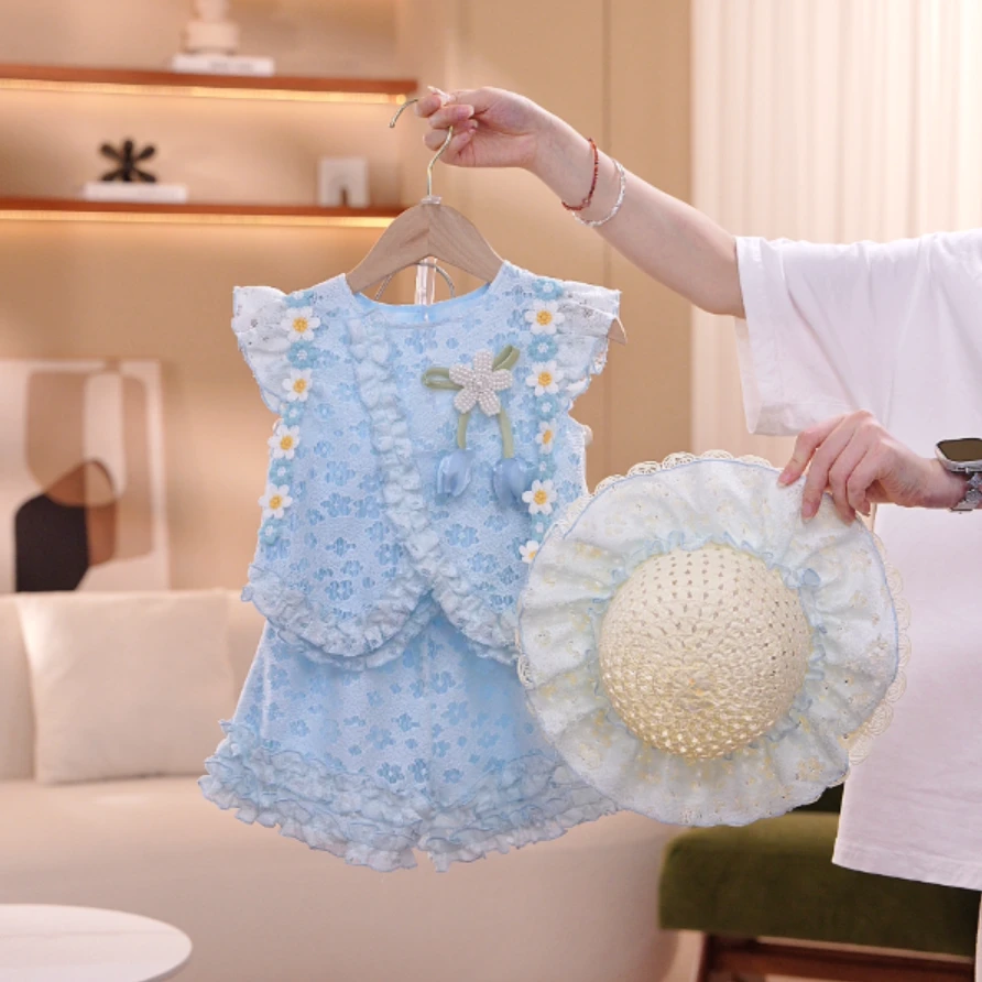 【古法小雏菊】夏季纯色女连衣裙童装蕾丝套装韩版套头薄款5X017LS