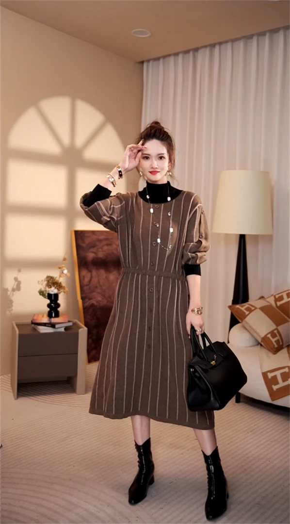 高端品质【港岛日记】宽松百搭束腰长款冬毛衣打底连衣裙-6603#