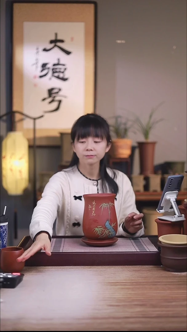 紫砂花盆瑕疵新款清水泥手绘竹子凤尾一只带瑕疵托盘