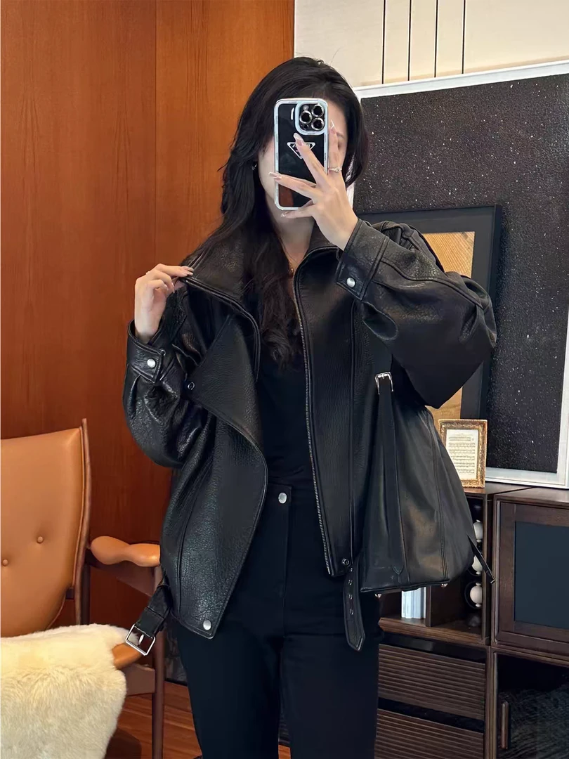 海宁杨树林同款2025春秋新款真皮衣女复古宽松显瘦美式皮夹克外套