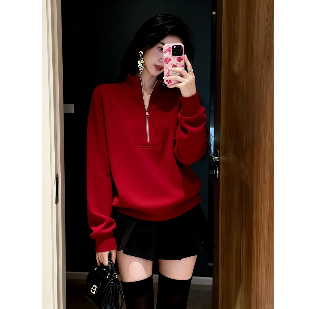 2025年新款红色半拉链立领卫衣女秋冬季休闲时髦百搭宽松长袖上衣