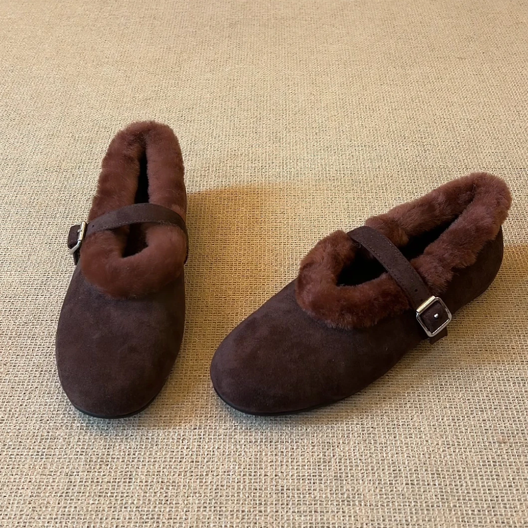 RubyL/3.5cm冬季保暖法式复古一字扣带百搭圆头内增高毛毛鞋女款