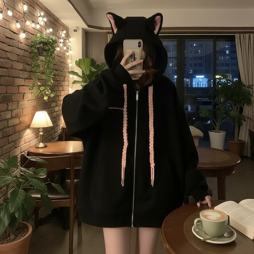 加绒学院风浪漫猫耳朵大帽子开衫卫衣秋冬季大码宽松韩版纯色外套