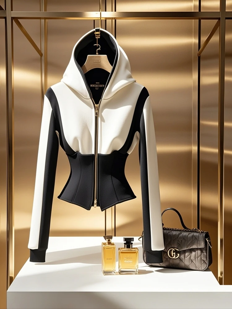 2025新款春季独特超好看气质连帽衫高级感小香风黑白撞色卫衣外套