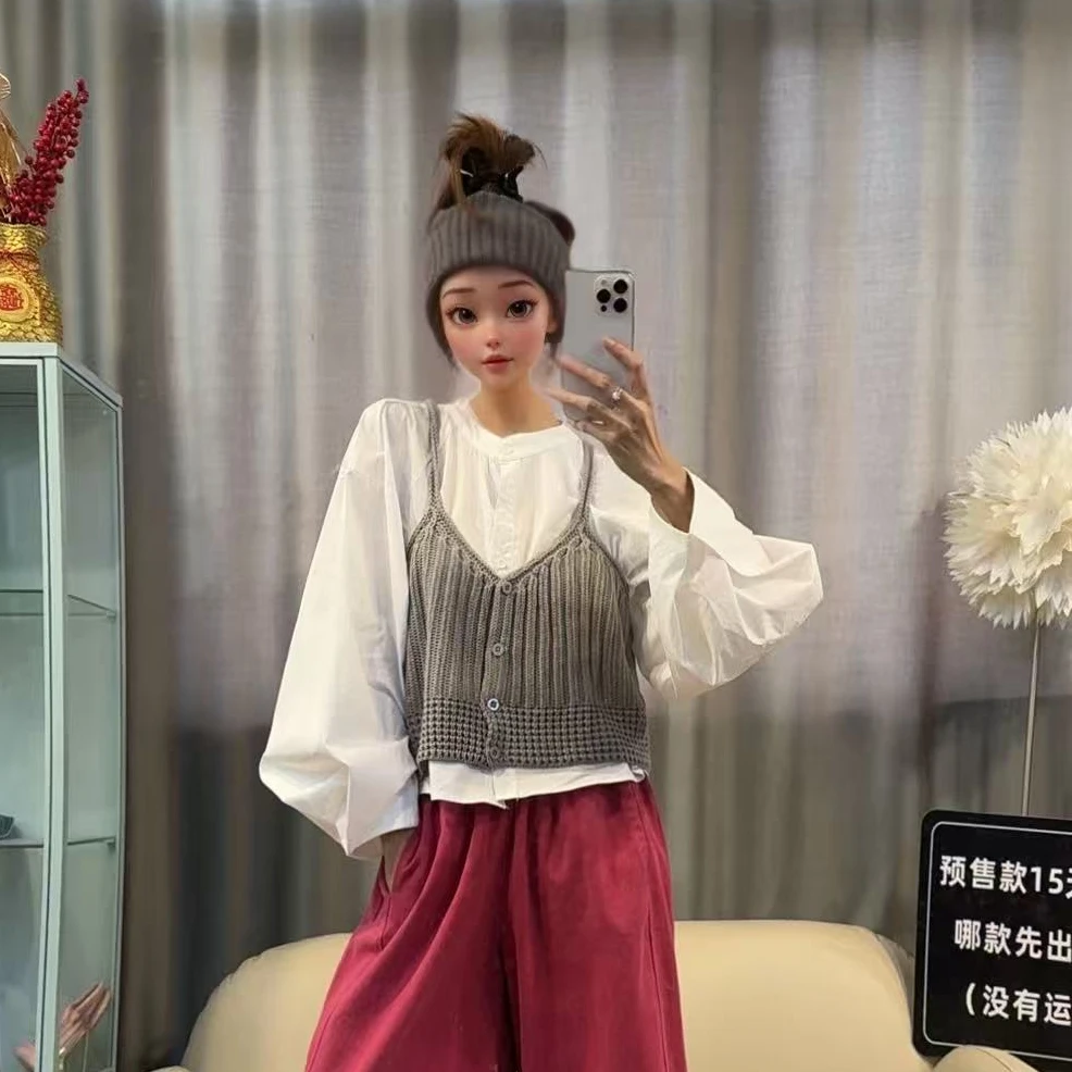 【文乐乐】春季新款洋气个性时尚休闲潮流衬衫马夹两件套006