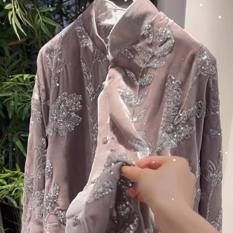 2024年新款重工亮片上衣钉珠金丝绒新中式衬衫复古国风唐装外套女