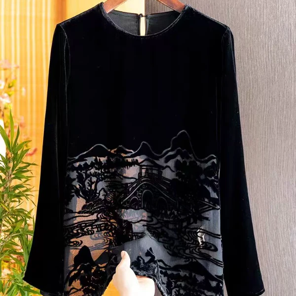 重钉珠圆领烧花上衣女气质减龄显瘦百搭上衣801