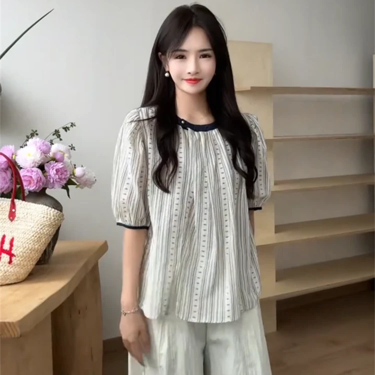 韩系不规则短袖衬衫耳边九分灯笼裤套装2025夏季新款宽松两件套