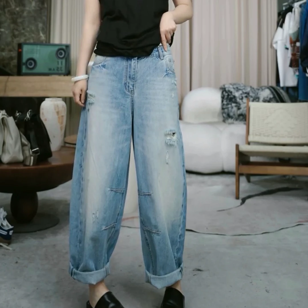 infobyfive2025夏季新款牛仔九分裤八分裤弯刀裤破洞裤NF0504007