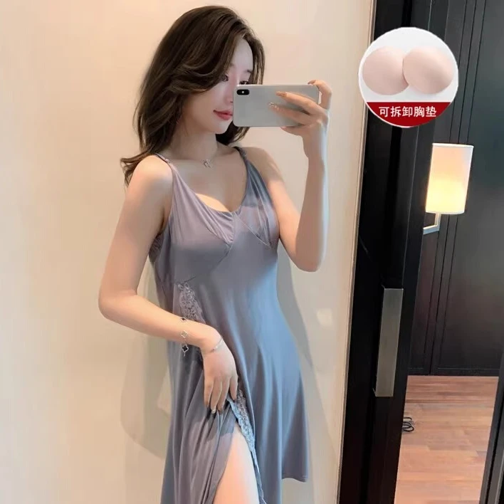 莫代尔睡裙女夏季2025年新款薄款带胸垫吊带性感纯欲无袖战袍睡衣