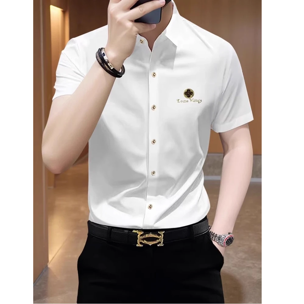 奇珀菲仑痞帅潮牌衬衫商务修身青年高弹冰丝夏款薄款短袖衬衣男