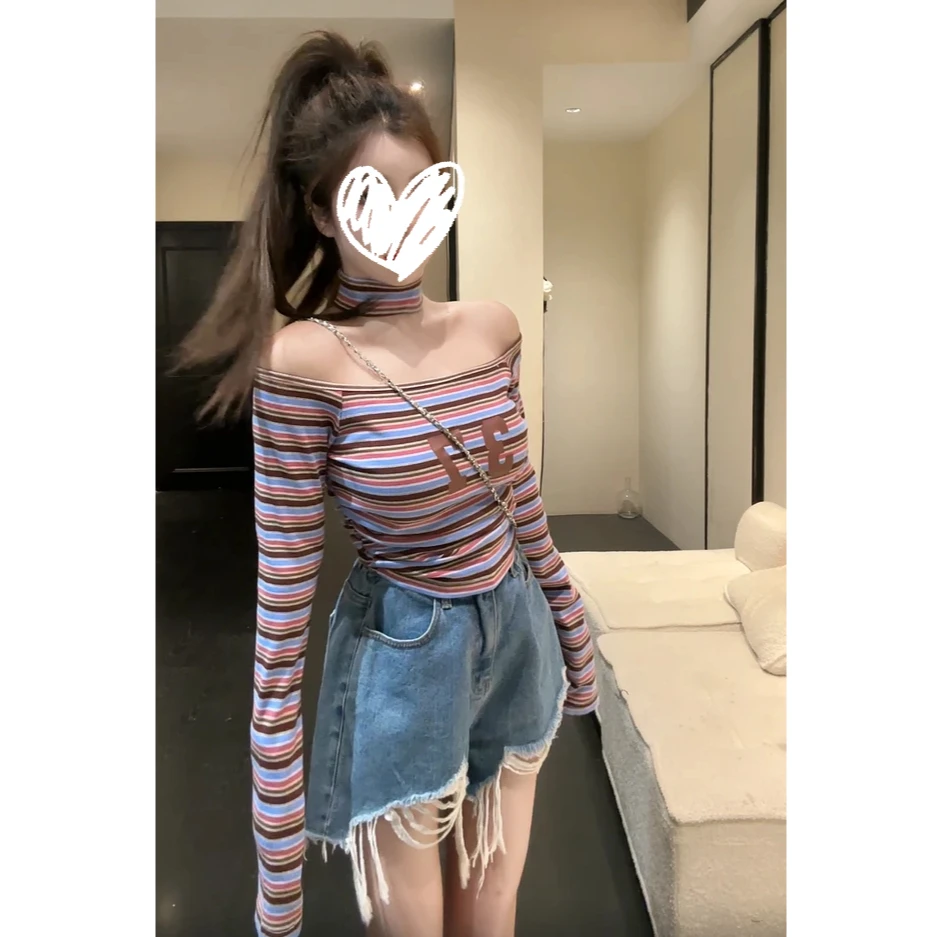 2025早秋韩版时尚彩色条纹一字肩长袖T恤女修身显瘦百搭打底上衣