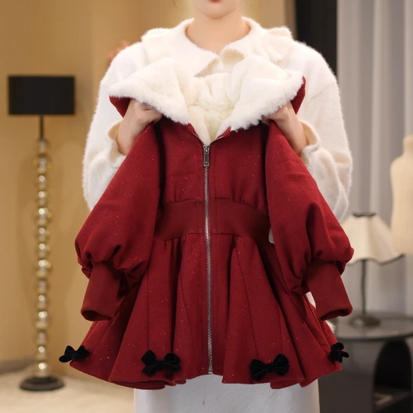 【美】2025冬季红色新款连帽加绒加厚收腰女童保暖外套