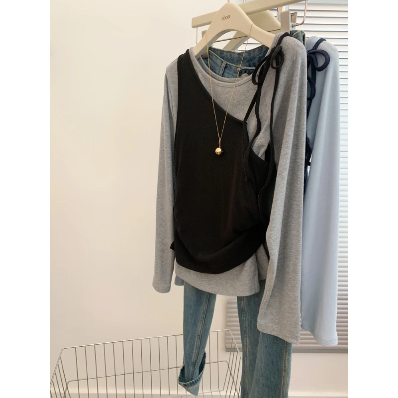 2025新款假两件长袖针织衫女士薄款掐腰设计感上衣早秋氛围感穿搭