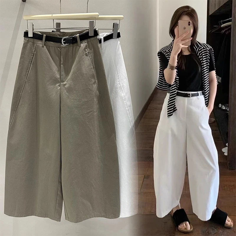 百搭显瘦弯刀阔腿裤女2025夏韩版洋气九分高腰简约气球裤