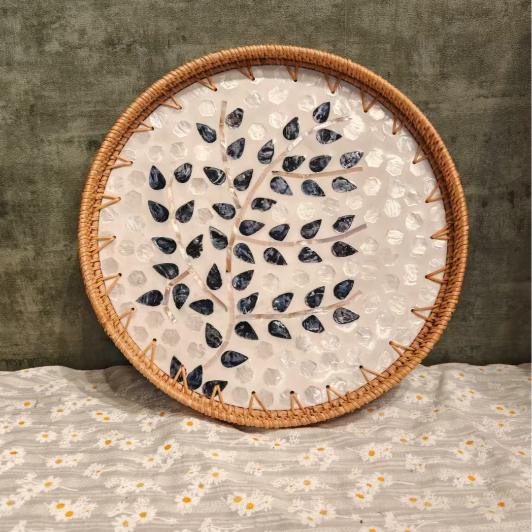 二件套越南真藤手工编织30+35树纹圆形贝壳盘客厅桌面装饰盘