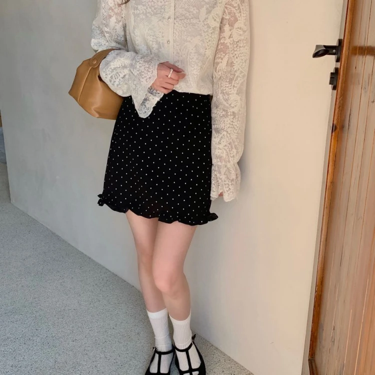 波点短裙文艺黑色艺术小个子显白显瘦小个子设计款港风韩系法式