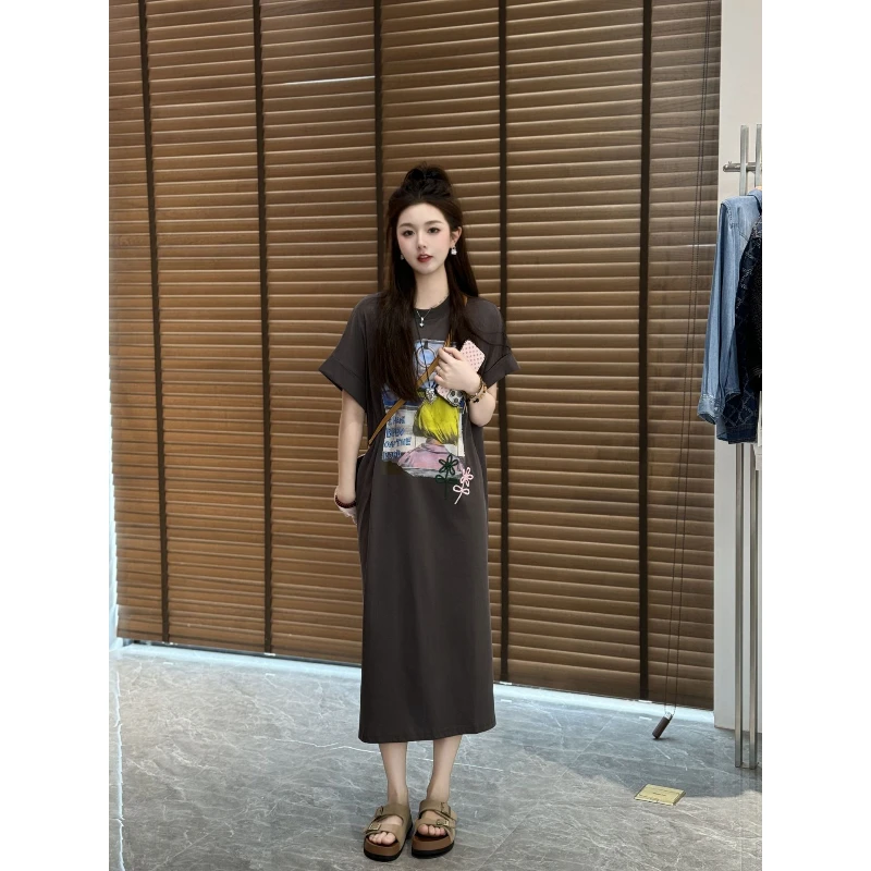 宿慕SUMU夏季短袖连衣裙2025新款宽松显瘦舒适休闲圆领短袖连衣裙