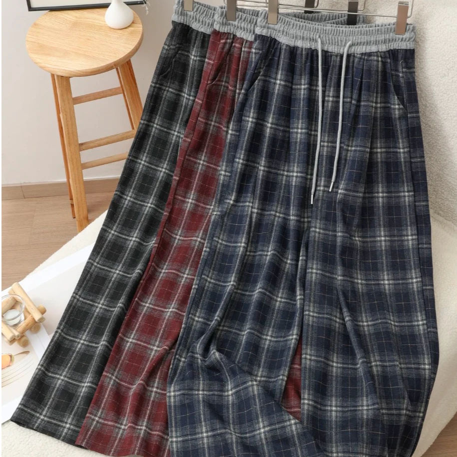 【5825】秋季新款撞色拼接格子抽绳松紧高腰显瘦宽松阔腿裤女裤