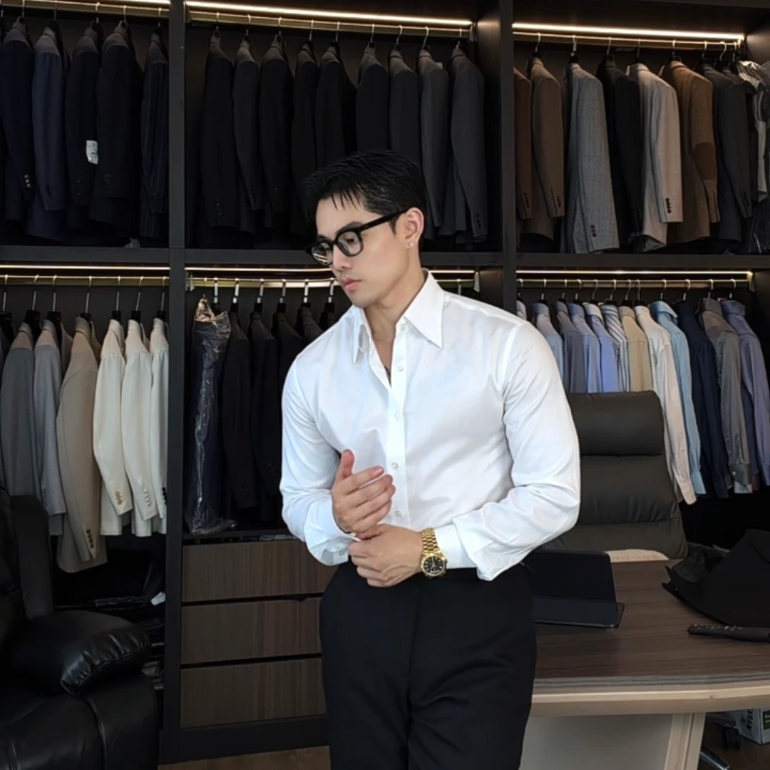 CHENGZHAN | 旗舰系列 | 100%长绒棉白色八字领斜纹衬衫休闲衬衣4